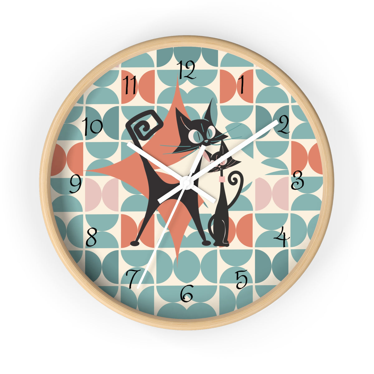 Kitchen Clock, Atomic Cat Retro Mid Century Modern Style With Scandinavian Designed Geometric Shapes, 50s Wall Clock For Cat Lovers - Mid Century Modern Gal