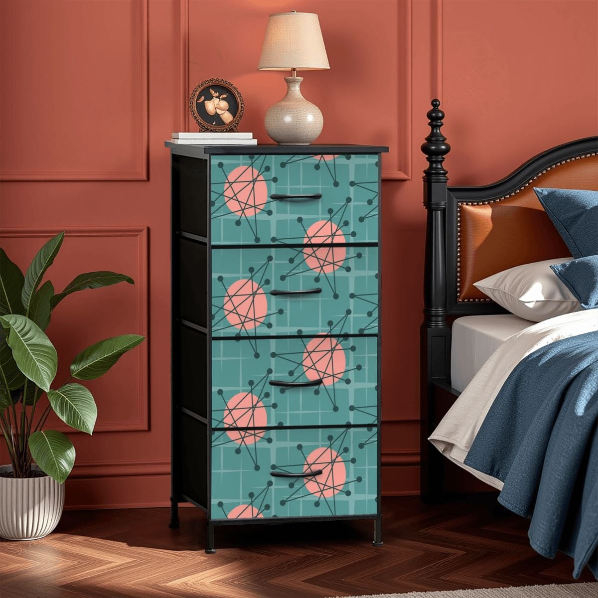 Mid Century Modern Atomic Starburst Teal Pink 4-Drawer Dresser - Mid Century Modern Gal