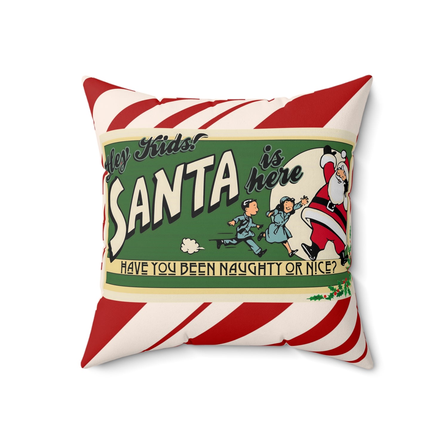 Santa Claus Vintage 50s Ad, Kitschy Holiday Candycane Pillow And Insert