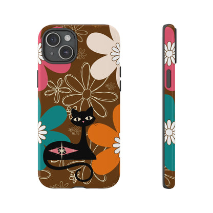 Atomic Cat Retro 70s Vibe Flower Power Tough Cases: Cute Floral and Cat Phone Case for Cat Lovers - Mid Century Modern Gal