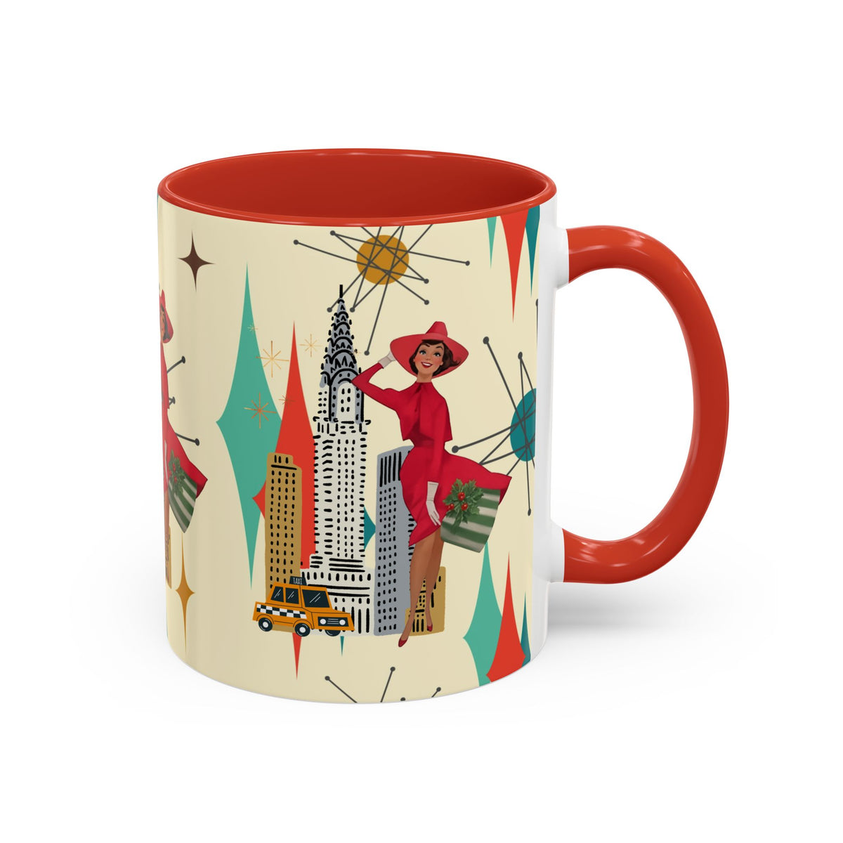 Mid Century Modern Kitschy Christmas Gal, Franciscan Starburst Diamond Retro Chic Accent Coffee Mug - Vintage Cityscape Design - Mid Century Modern Gal