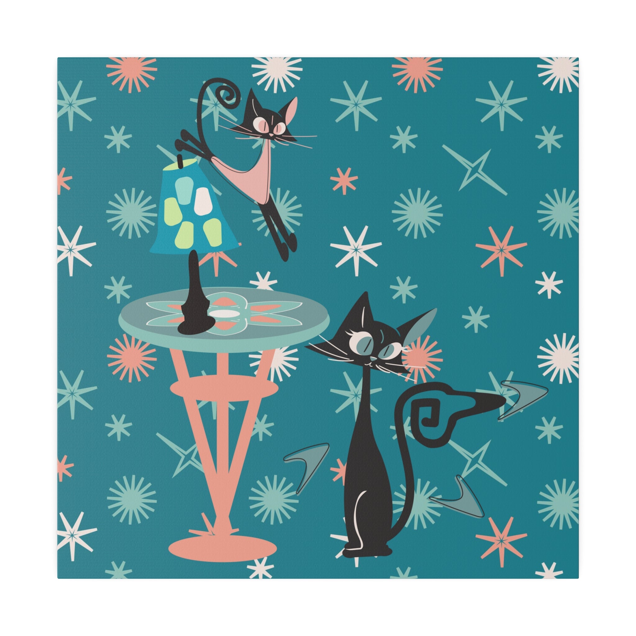 Crazy Atomic Cats, Cat Mom, Kitschy Mid Century Modern Teal Blue, Coral Pink, Mid Century Modern Wall Art