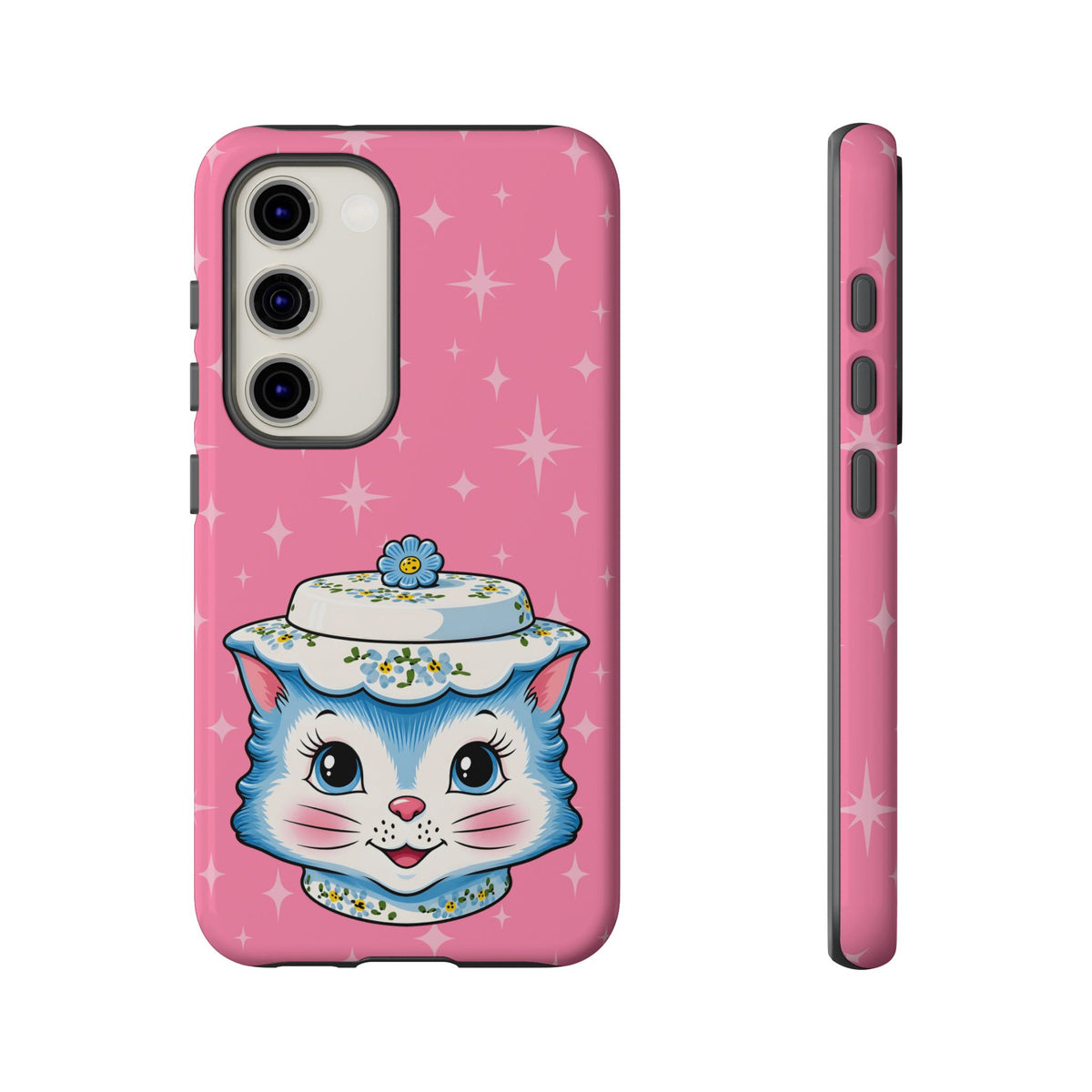 Mid Century Modern Kitschy Anthropomorphic Blue Cat with Floral Hat Tough Phone Case