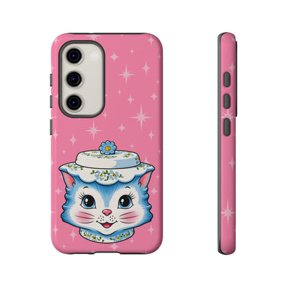 Mid Century Modern Kitschy Anthropomorphic Blue Cat with Floral Hat Tough Phone Case