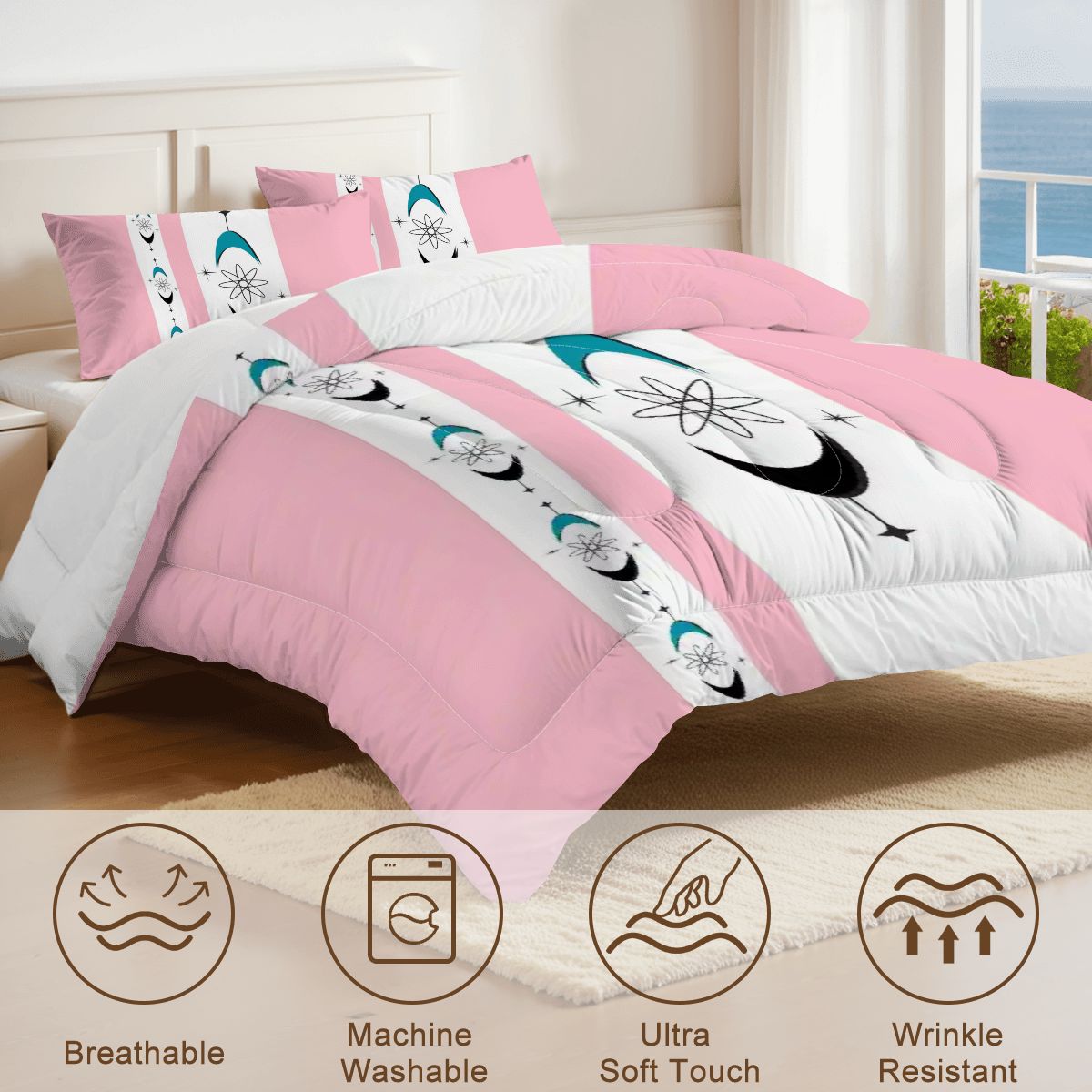 Atomic 50s Pink, Teal Mid Century Modern Bedding King Comforter Set - Mid Century Modern Gal