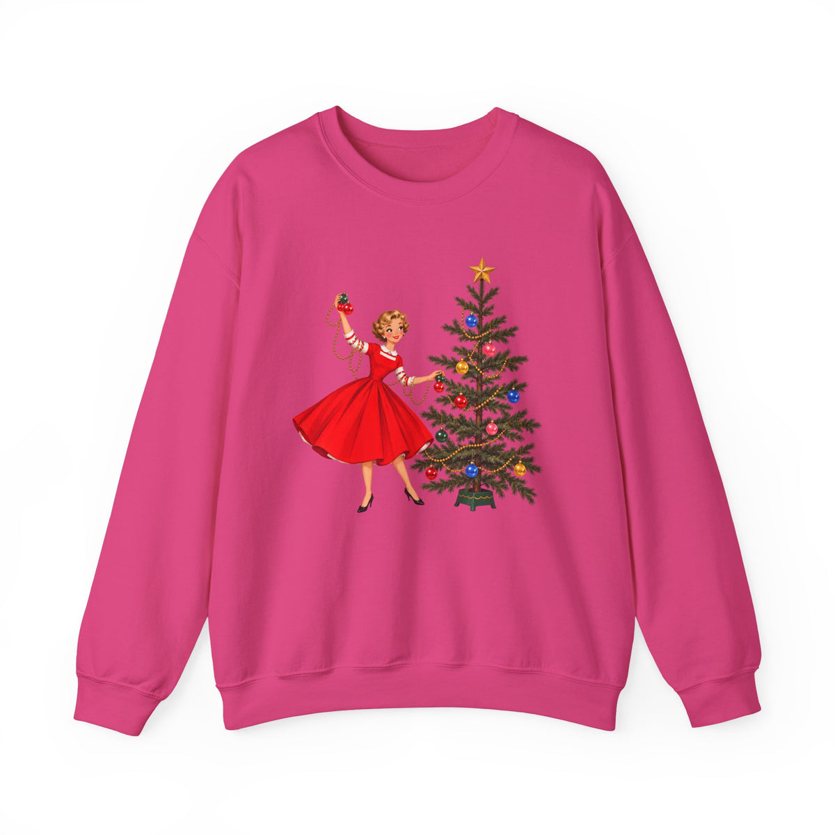 Mid Century Modern Gal Decorating Christmas Tree Unisex Heavy Blend™ Crewneck Sweatshirt - Mid Century Modern Gal