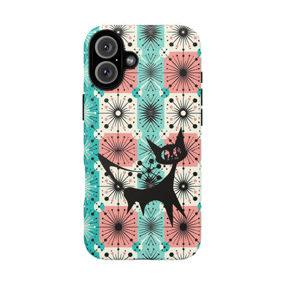 Atomic Kitschy Cat, Mid Century Modern Pink, Aqua Starbursts Tough Phone Case