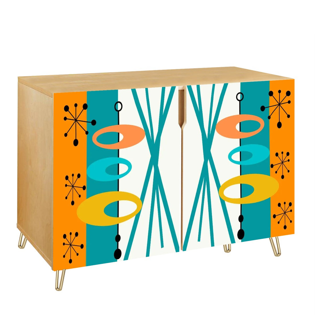 Atomic 50s Orange, Teal Mid Century Modern Wooden Storage Cabinet - Mid Century Modern Gal