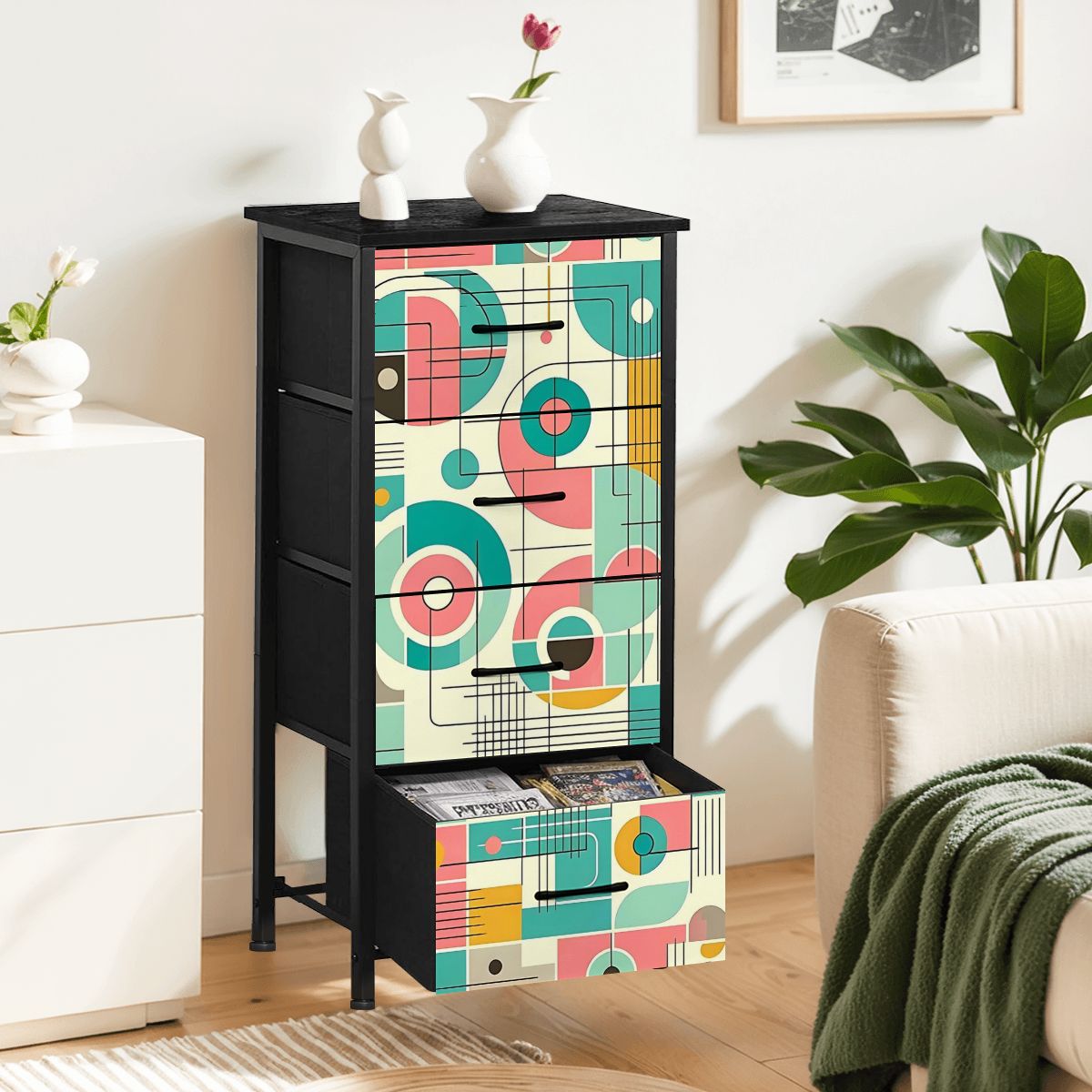 Mid Century Modern Bauhaus Designed Pink, Teal, Yellow 4-Drawer Dresser - Mid Century Modern Gal