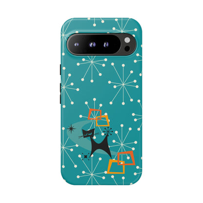 Atomic Space Cat, Starburst Blue, Retro Groovy Smart Phone Tough Phone Cases