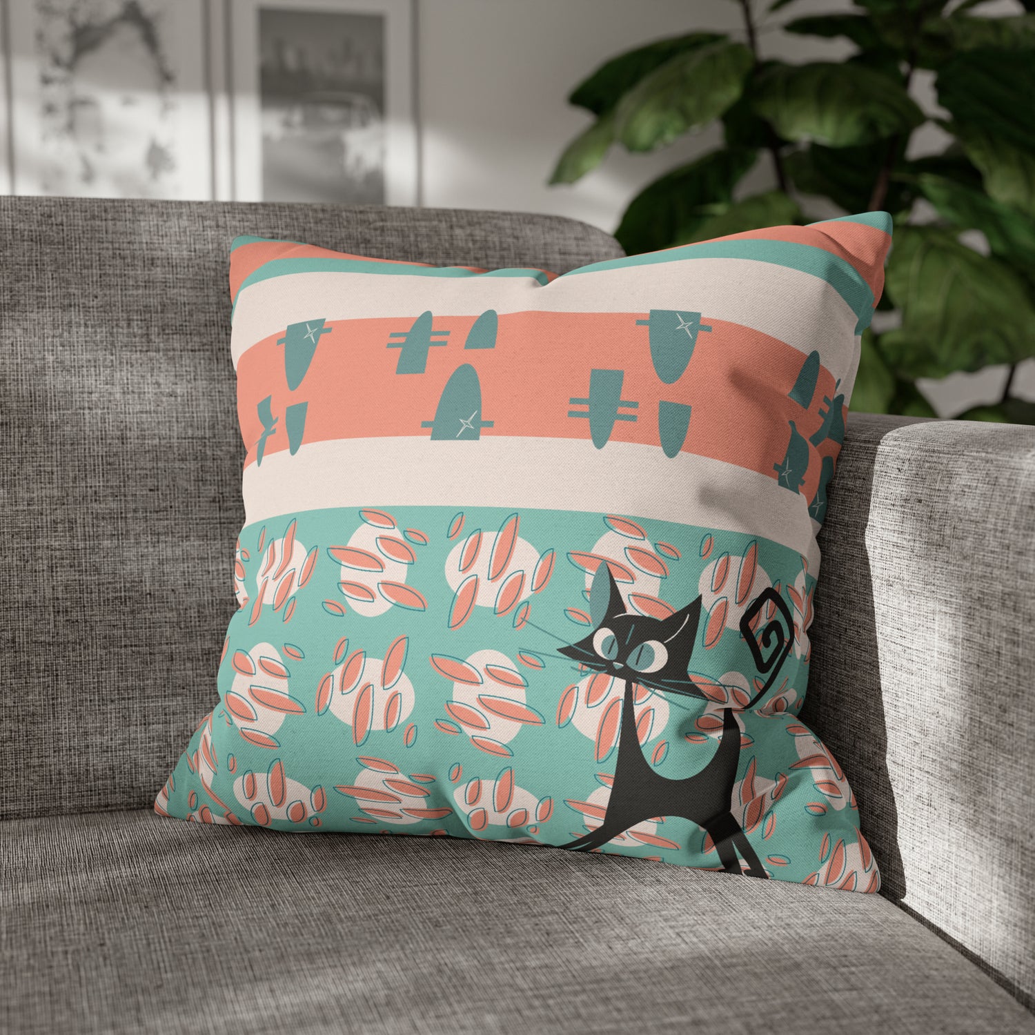 50s Nostalgic Atomic Cat Mid Century Modern Aqua, Coral Pink Peach, Kitschy Mid Century Modern Pillow Cover ONLY