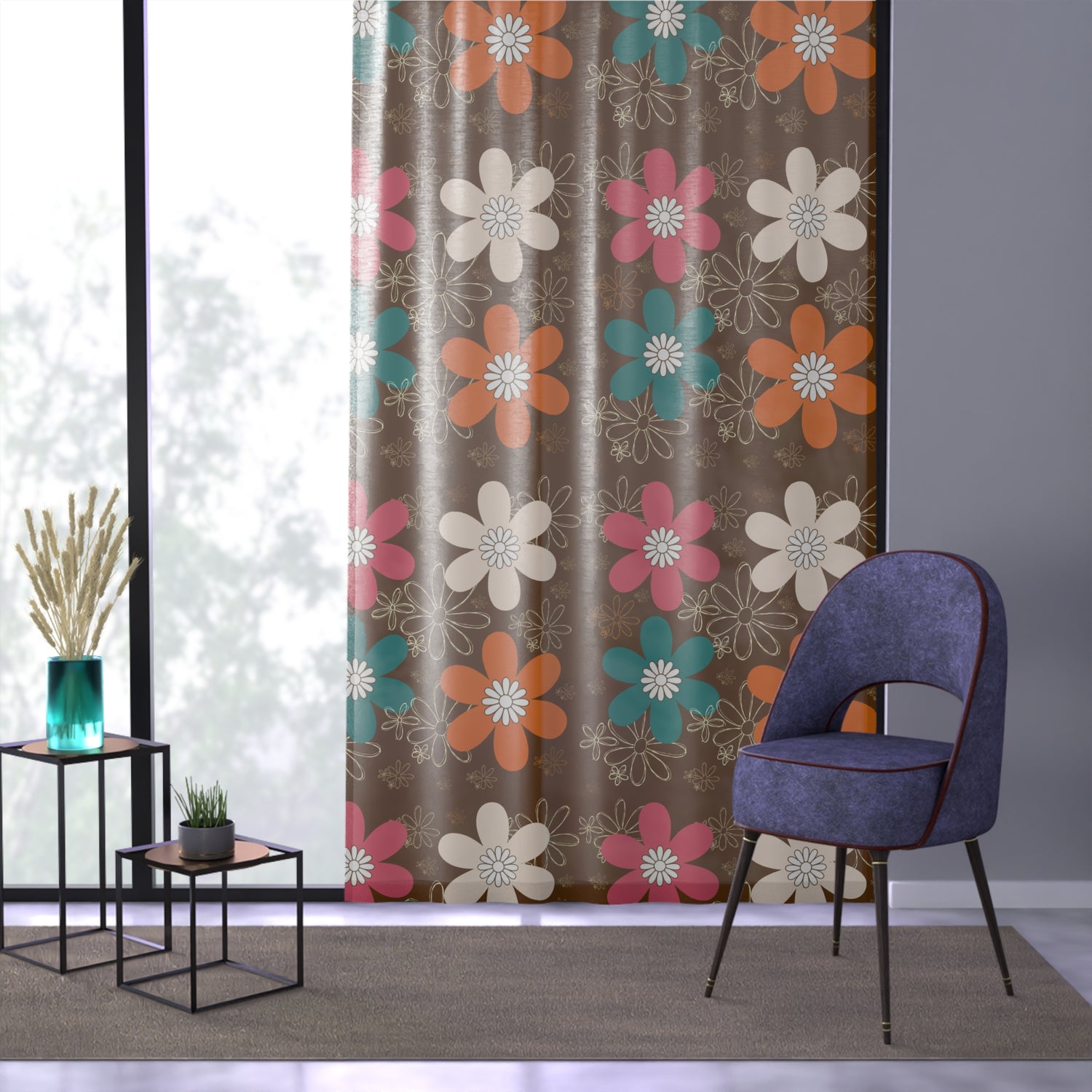 Flower Power Hippies 70s Groovy Retro Floral Window Sheer Curtain - Mid Century Modern Gal