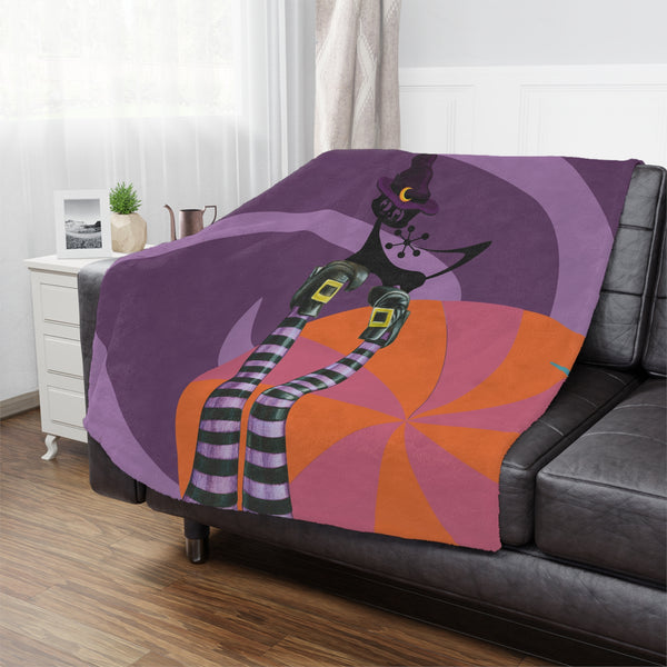 Retro Halloween Atomic Cat Kitschy Witch, Mod Purple, Orange MCM Minky Blanket