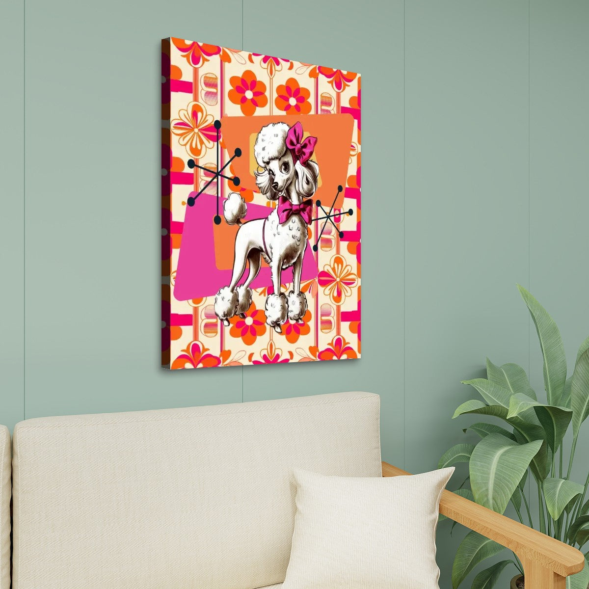 Atomic 50s Poodle Art, Hot Pink, Starburst Mid Century Modern Wall Art Canvas Print - Mid Century Modern Gal