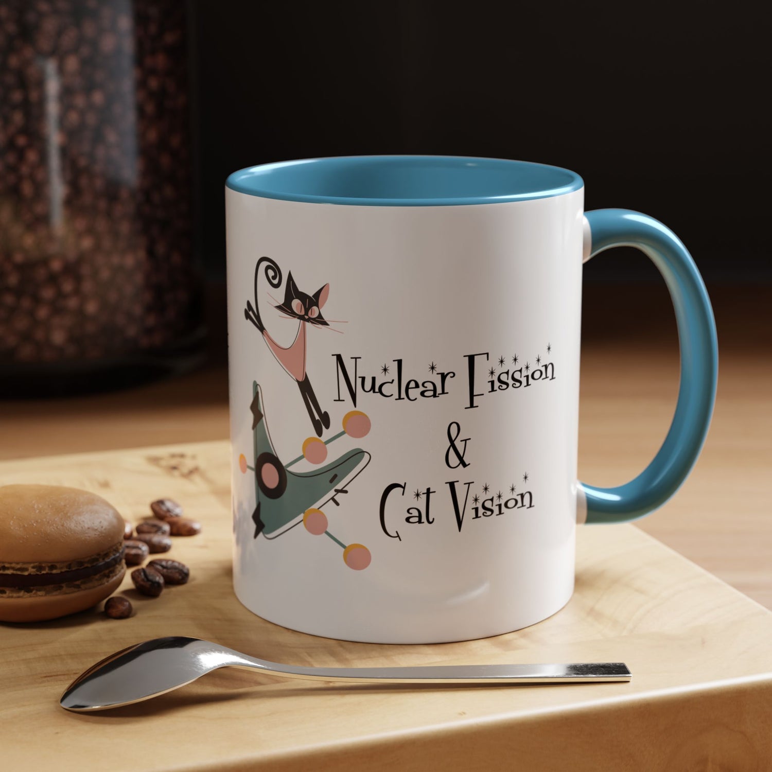 Atomic Cat Coffee Tea Mug, Mid Century Modern Boomerang, Space Age Atomic Drinkware For Cat And Coffee Lovers - Mid Century Modern Gal