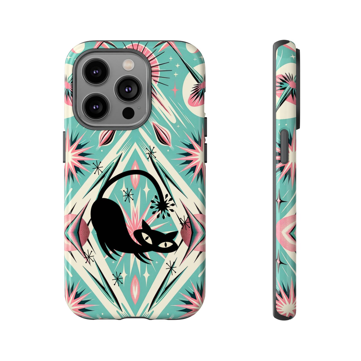 Atomic Cat, Mid Century Modern Aqua Blue, Pink, Starbursts Tough Phone Case