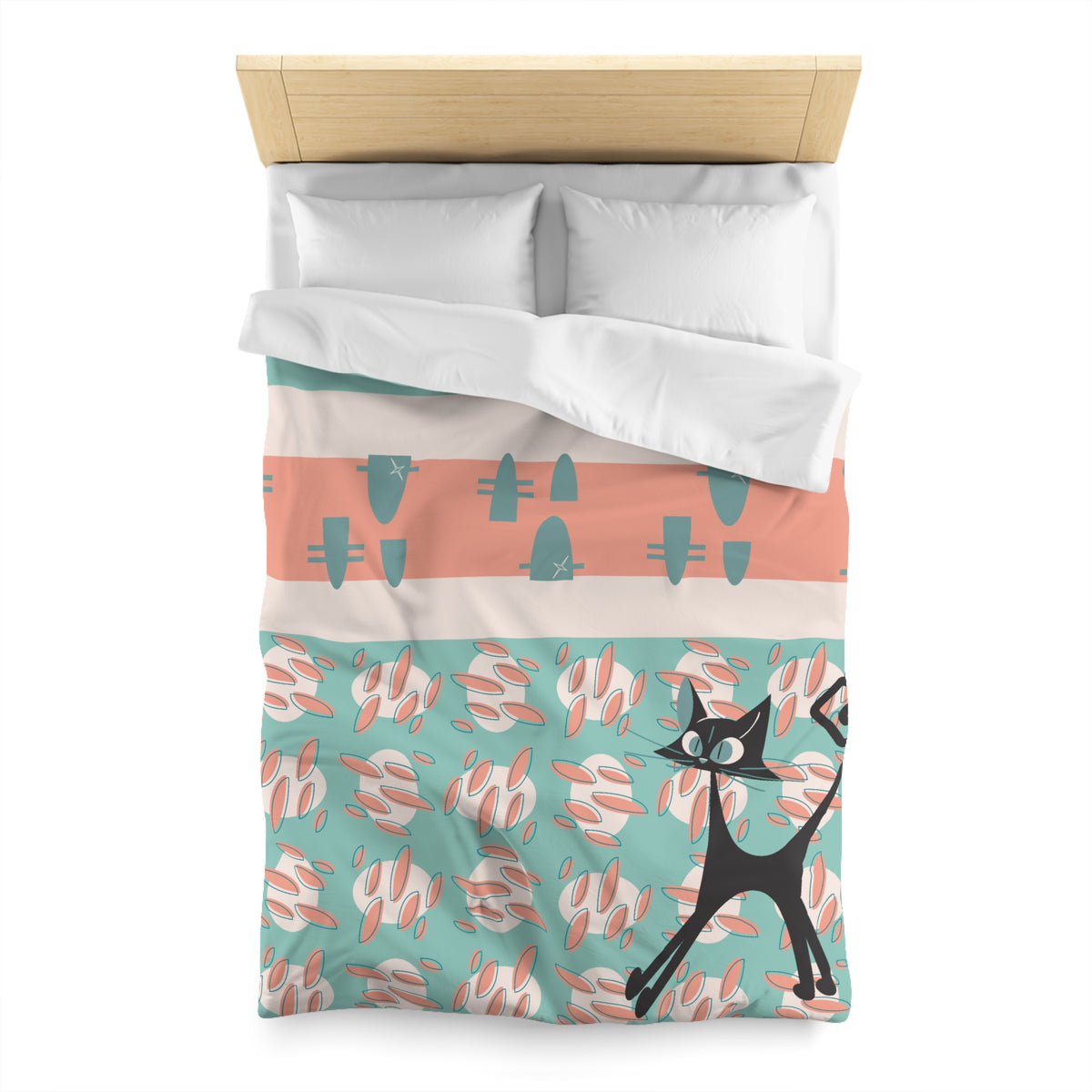 50s Nostalgic Atomic Cat Mid Century Modern Aqua, Coral Pink Peach, Kitschy Mid Century Modern  Duvet Cover - Mid Century Modern Gal