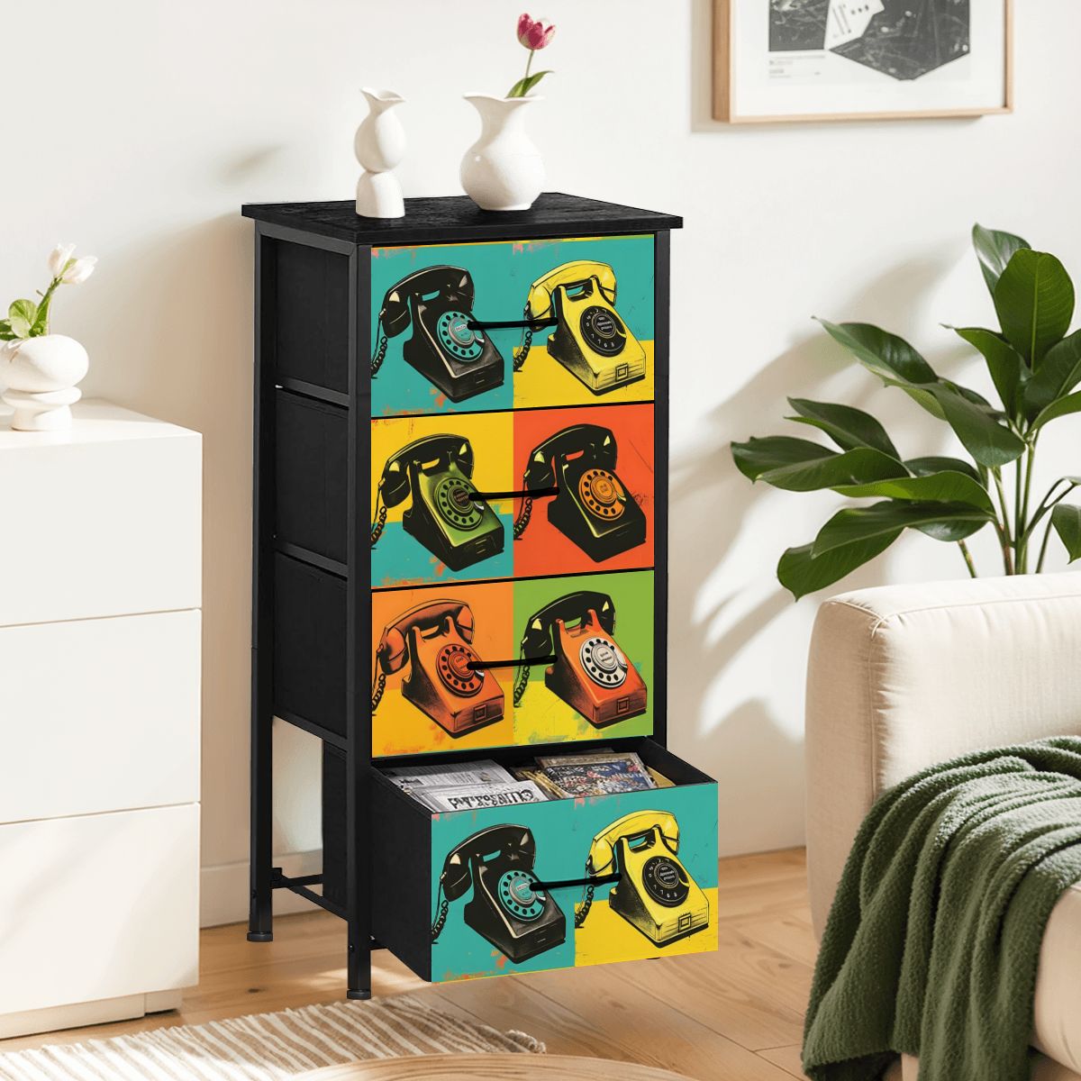 Mid Century Modern Kitschy Retro Telephone Art MCM 4-Drawer Dresser - Mid Century Modern Gal