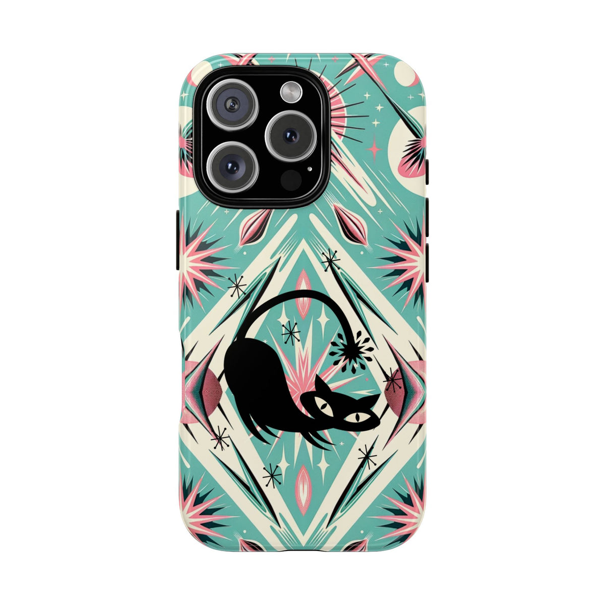 Atomic Cat, Mid Century Modern Aqua Blue, Pink, Starbursts Tough Phone Case