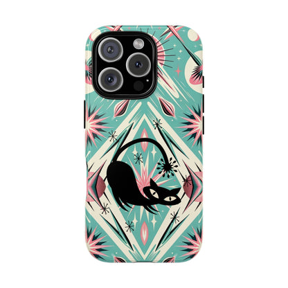 Atomic Cat, Mid Century Modern Aqua Blue, Pink, Starbursts Tough Phone Case
