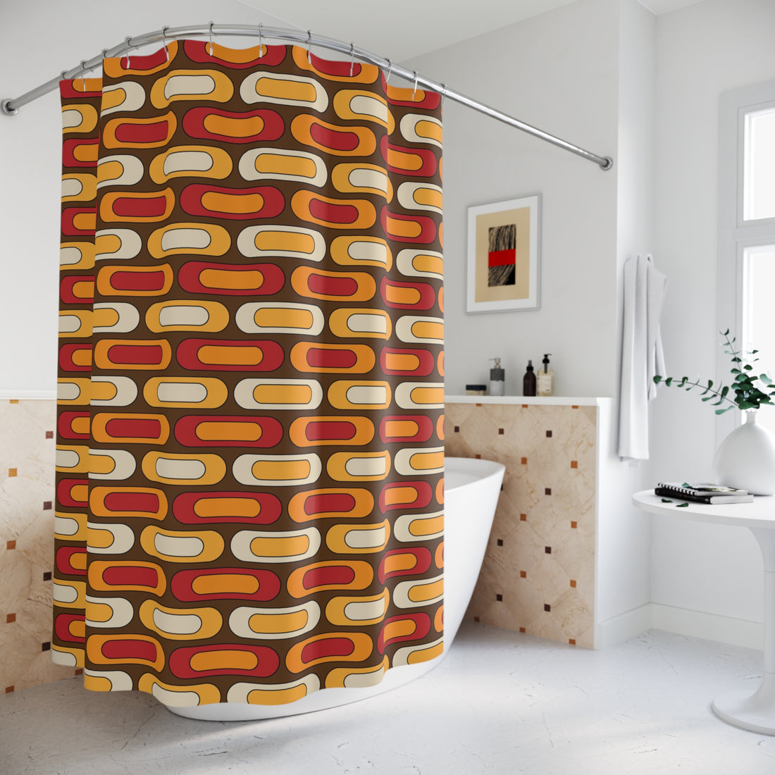 Retro Geometric Mid Mod Brown Orange Yellow, Burnt Red MCM Shower Curtain - Mid Century Modern Gal