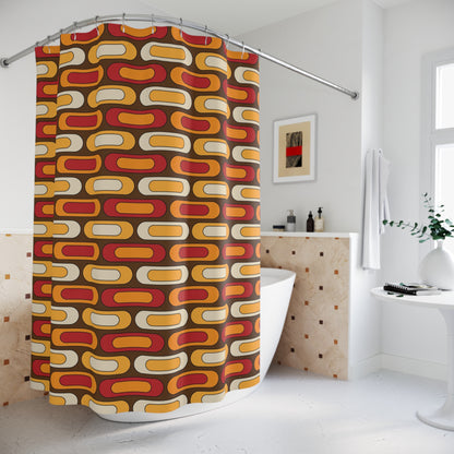 Retro Geometric Mid Mod Brown Orange Yellow, Burnt Red MCM Shower Curtain - Mid Century Modern Gal