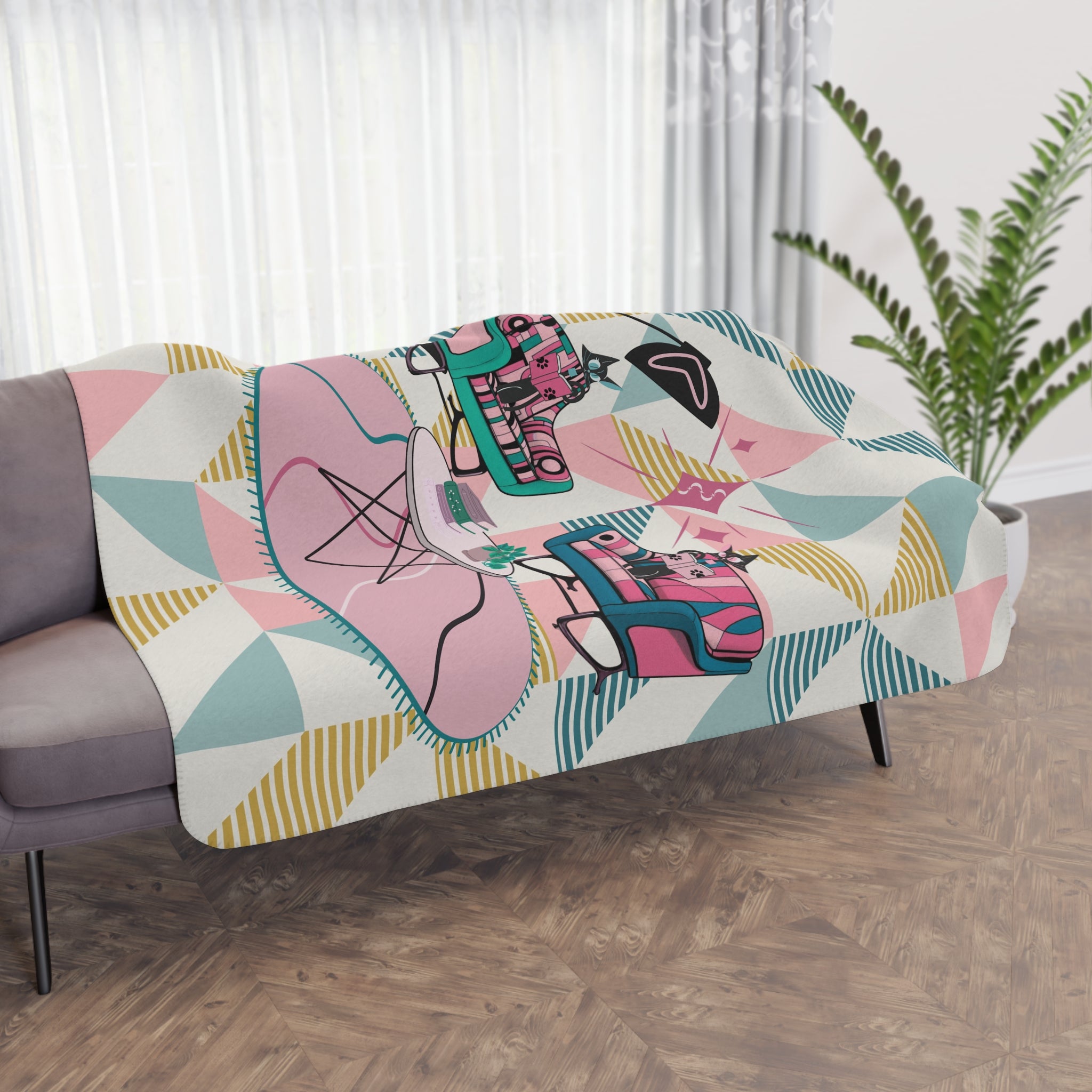 Atomic Reading Cats, Mid Century Modern Kitschy Mod Cozy Retro Blanket - Mid Century Modern Gal