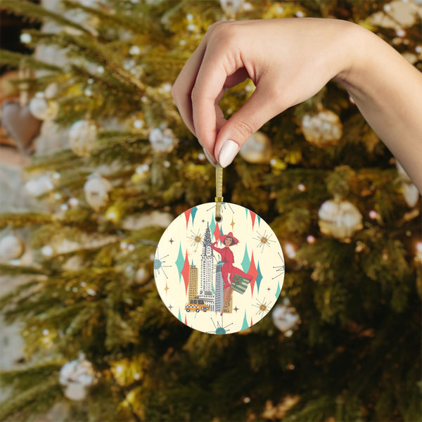 Mid Century Modern Christmas Kitsch Gal, Vintage-Inspired Glass Ornaments - Retro Cityscape Holiday Decor
