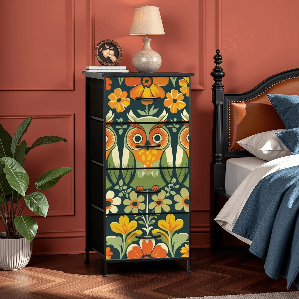 Retro Owl Flower Power Groovy 70s Floral Green, Orange Fall 4-Drawer Dresser - Mid Century Modern Gal