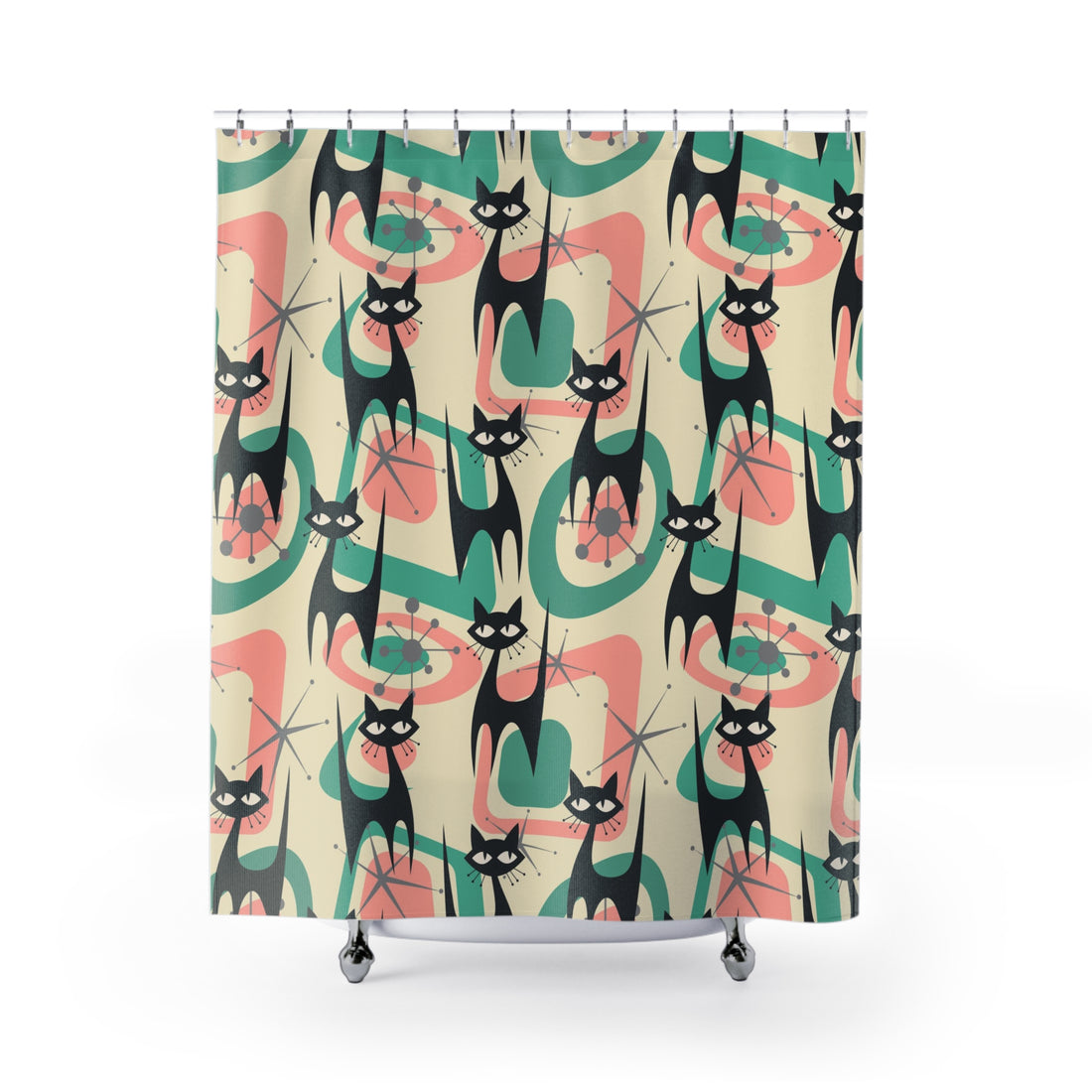 Atomic Kittie Cat, Mid Century Modern Mint Green Coral Pink Shower Curtain - Mid Century Modern Gal