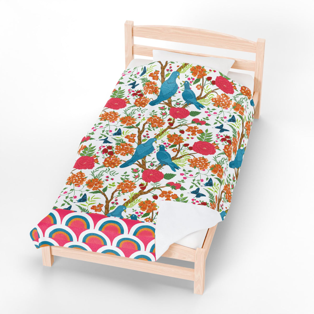 Chinoiserie Throw Blanket, Blue Pink,  Birds Tropical Floral Velveteen Plush Blanket - Cozy Decor for Home - Mid Century Modern Gal