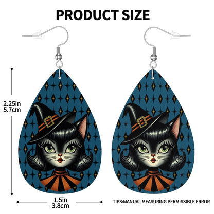 Vintage Halloween Black Cat Sexy Sexton Mid Century Modern Blue Vegan Leather Teardrop Earrings - Mid Century Modern Gal