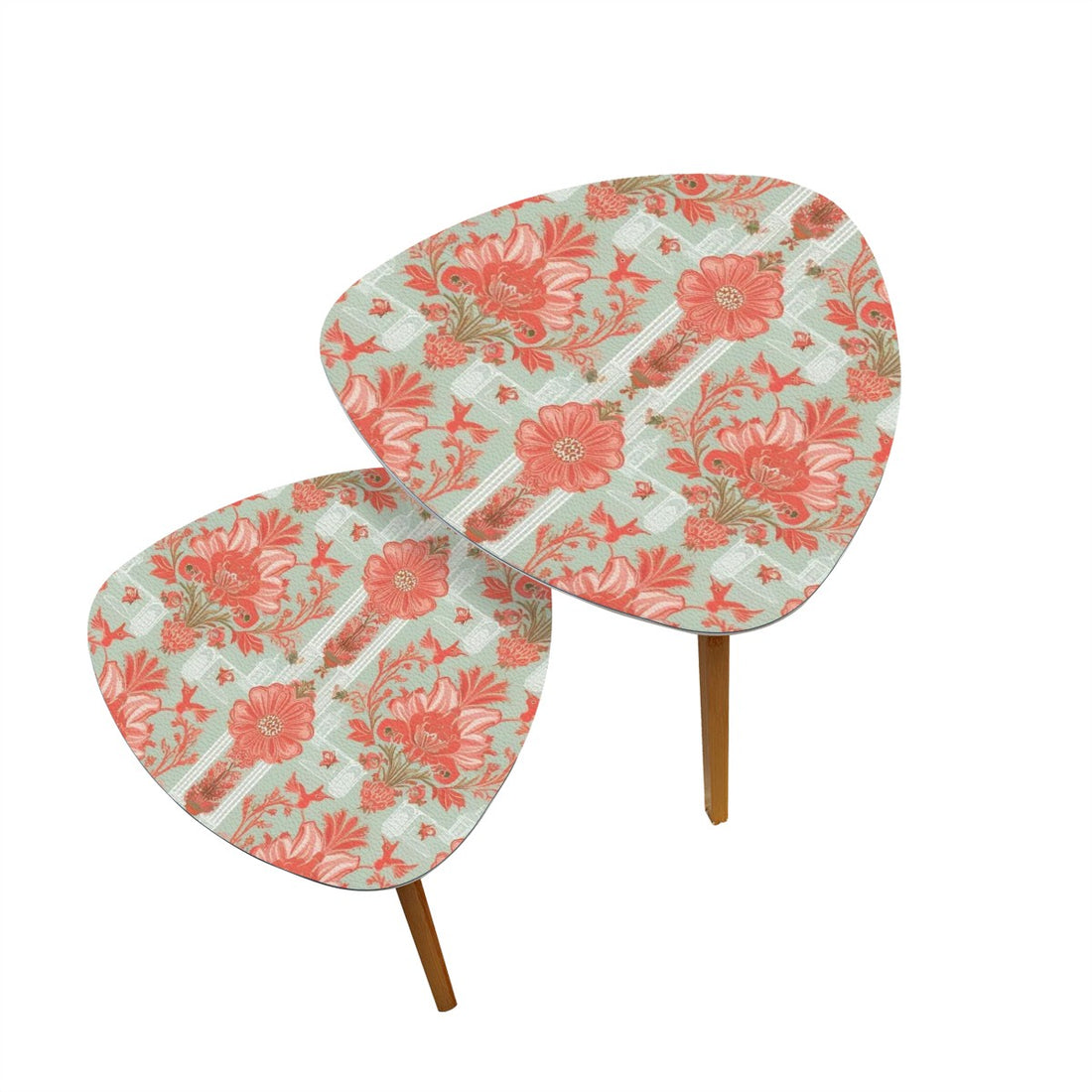 Botanical Floral Chinoiserie Coral, Mint Green Elegant Side Tables, Nesting Tables - Mid Century Modern Gal