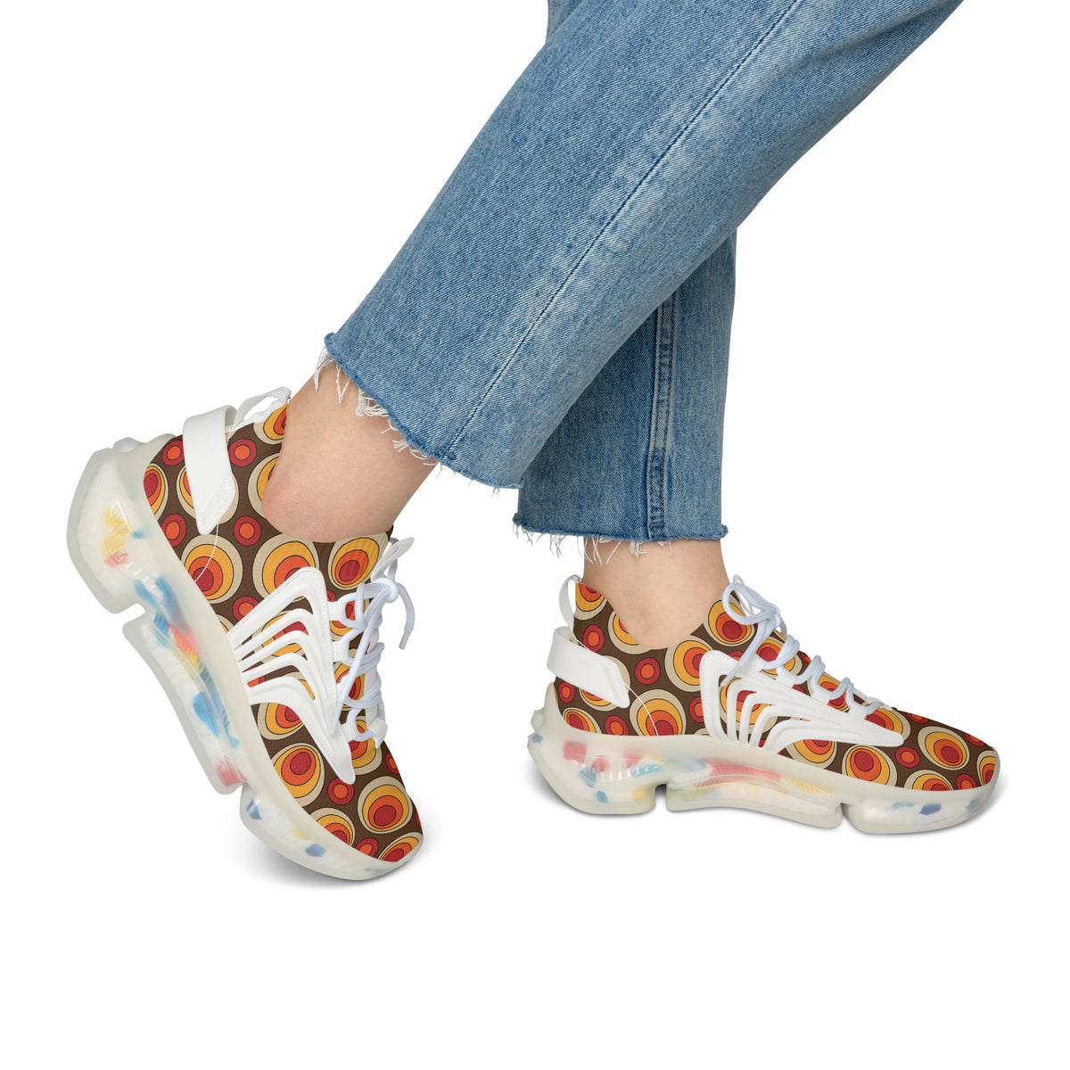 Retro Groovy Orbs, Brown, Orange Yellow Hip Style Women's Mesh Sneakers with Colorful Design - Mid Century Modern Gal