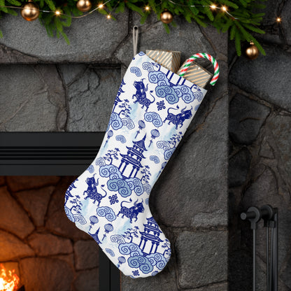 Chinoiserie Christmas Stocking, Blue, White, Flower Flourish Pagoda Whimsical Chinoiserie Holiday Collection