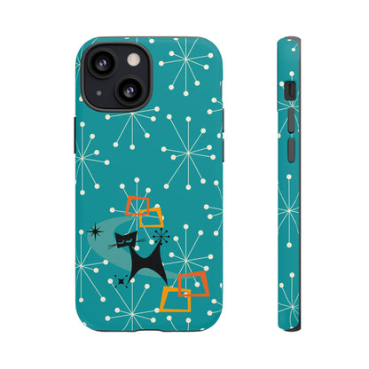 Atomic Space Cat, Starburst Blue, Retro Groovy Smart Phone Tough Phone Cases