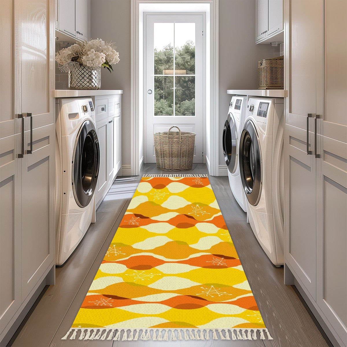 Mid Century Modern Mustard Yellow, Orange Starburst Retro Tassel Rug - Mid Century Modern Gal