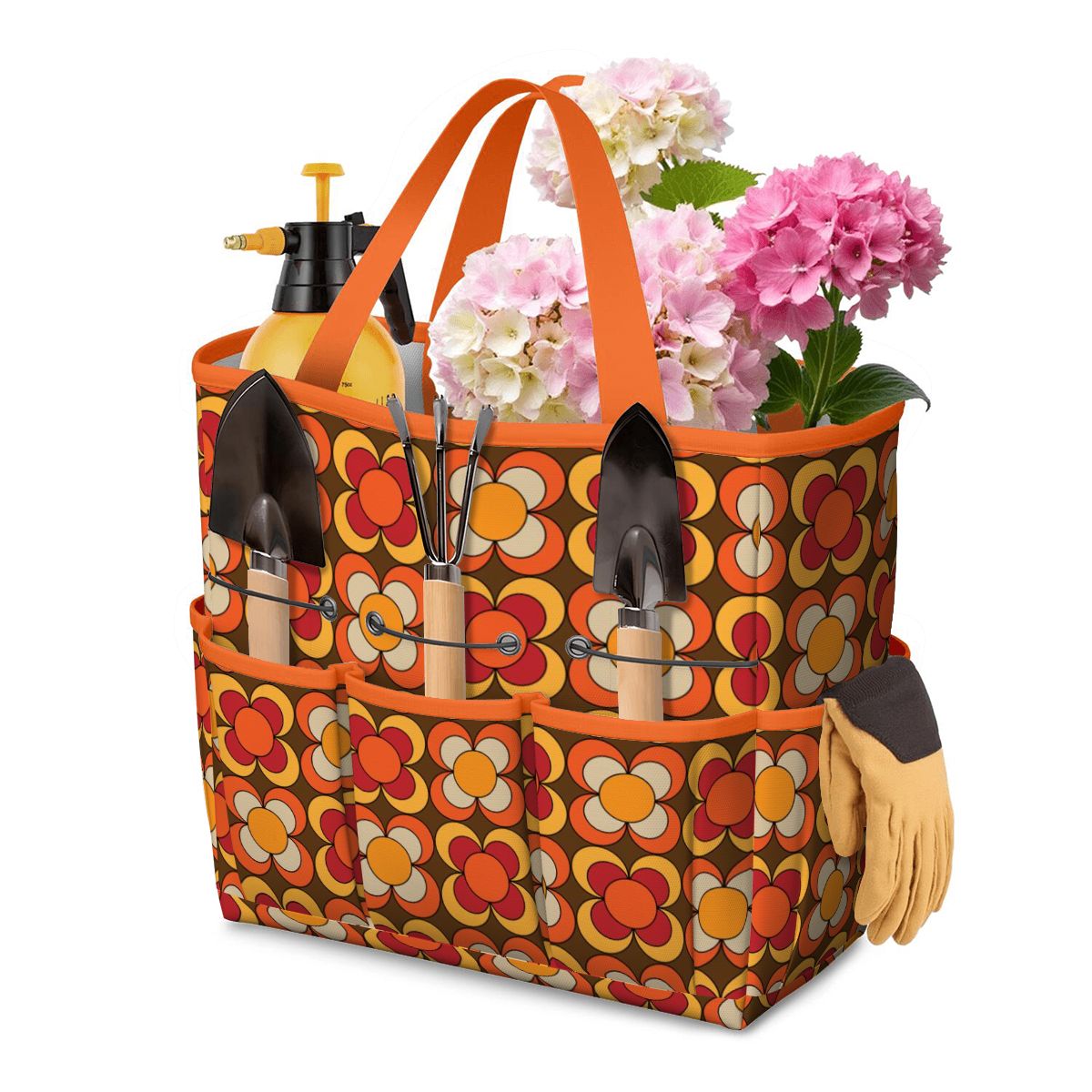 Groovy MCM Orange, Brown Yellow Burnt Red Retro Floral 70s Mid Mod Garden Tool Bag - Mid Century Modern Gal