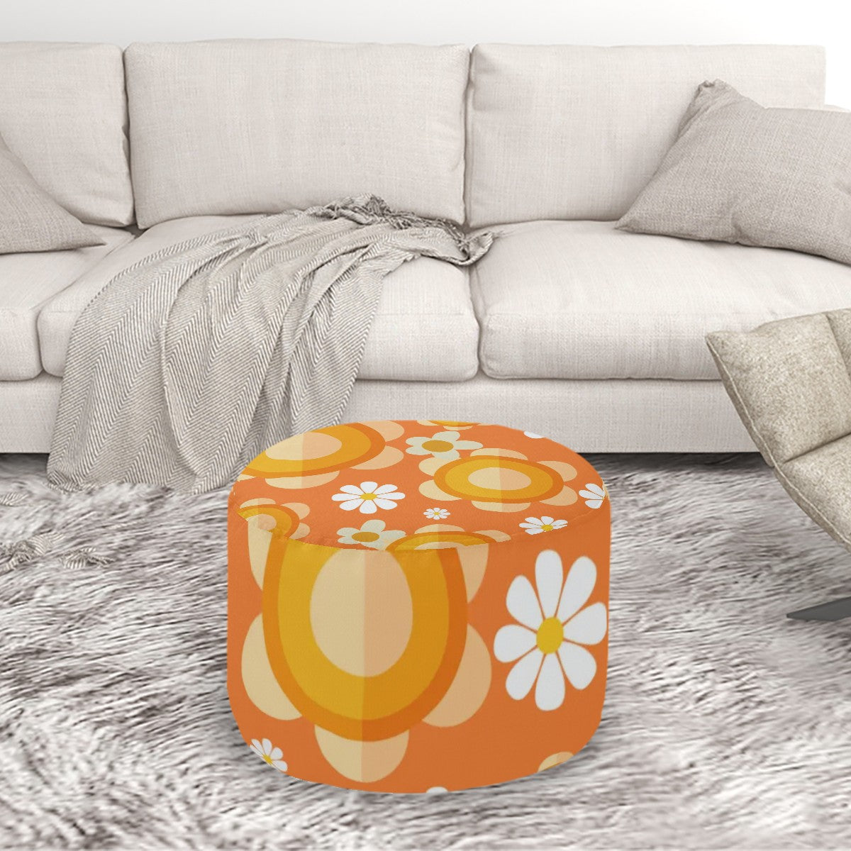 1970s Flower Power Retro Orange Mod Daisy Design MCM Round Pouf Ottoman