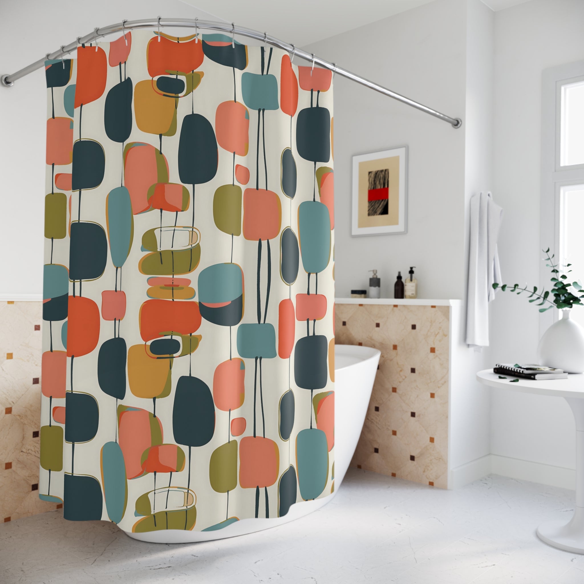 Mid Century Modern Shower Curtain, Abstracts, Geometric, MCM Teal, Orange, Aqua, Navy Blue Colorful Design Shower Curtain