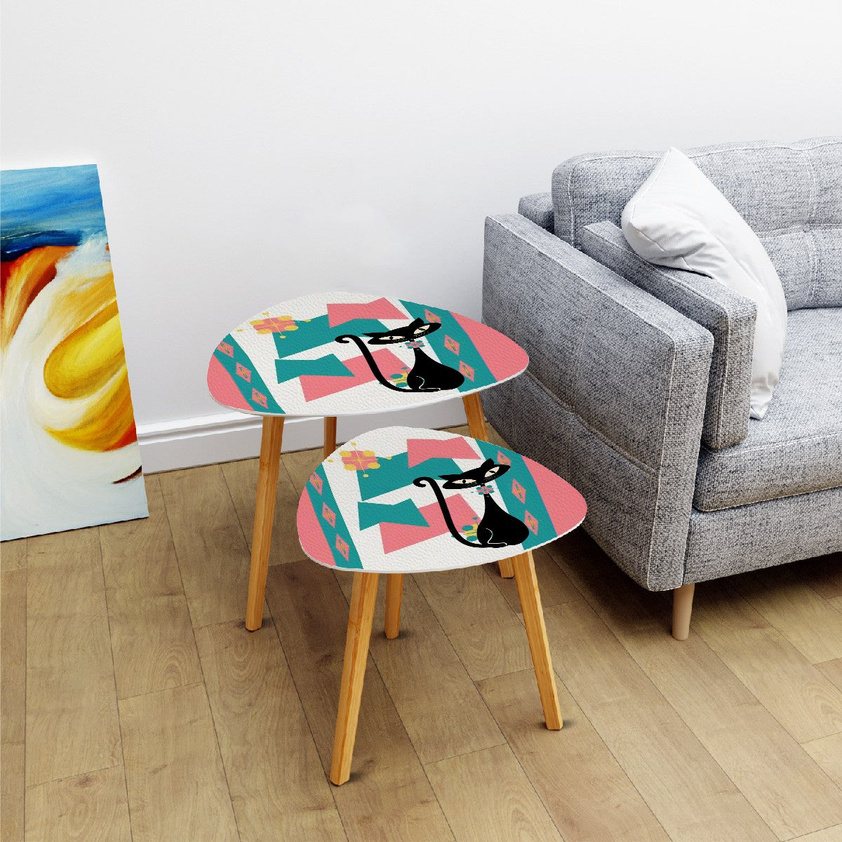 Atomic Cat Mid Century Modern Nesting Tables, Pink, Teal Kitschy Livingroom, Bedroom Tables - Mid Century Modern Gal