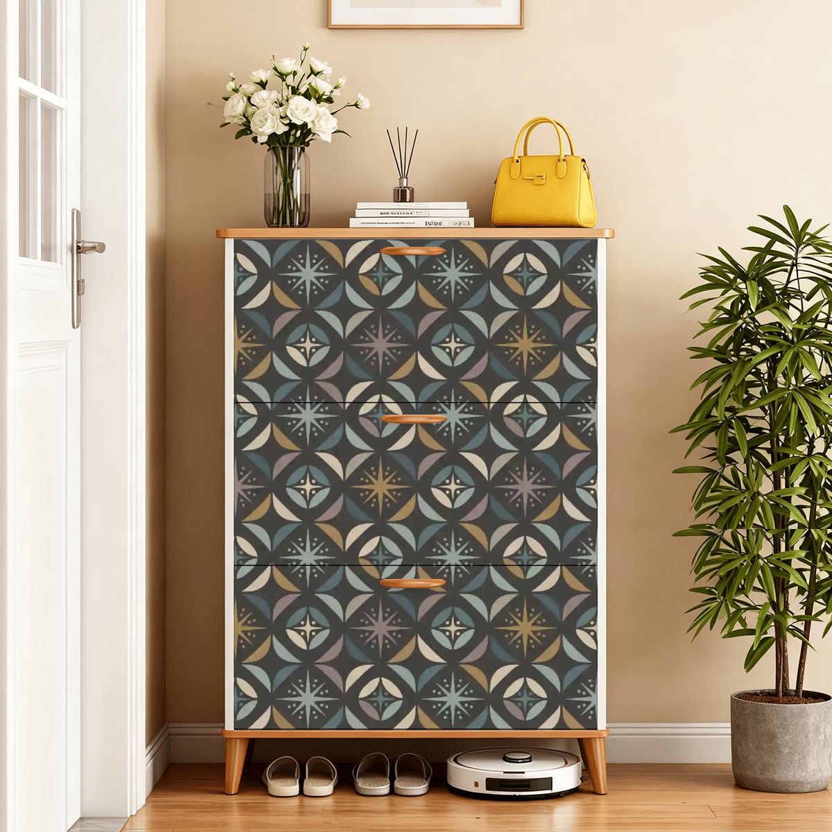 Mid Century Modern Elegant Gray Geometric Starburst Shoe Cabinet