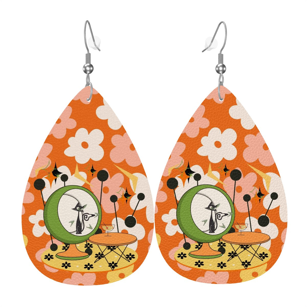 Retro Earrings, 70s Flower Power, Atomic Martini Cat Funky Teardrop Earrings - Mid Century Modern Gal