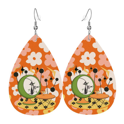 Retro Earrings, 70s Flower Power, Atomic Martini Cat Funky Teardrop Earrings - Mid Century Modern Gal