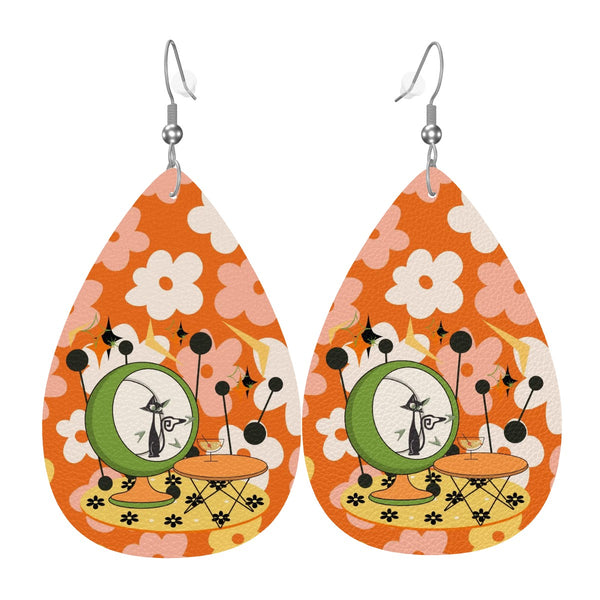 Retro Earrings, 70s Flower Power, Atomic Martini Cat Funky Teardrop Earrings