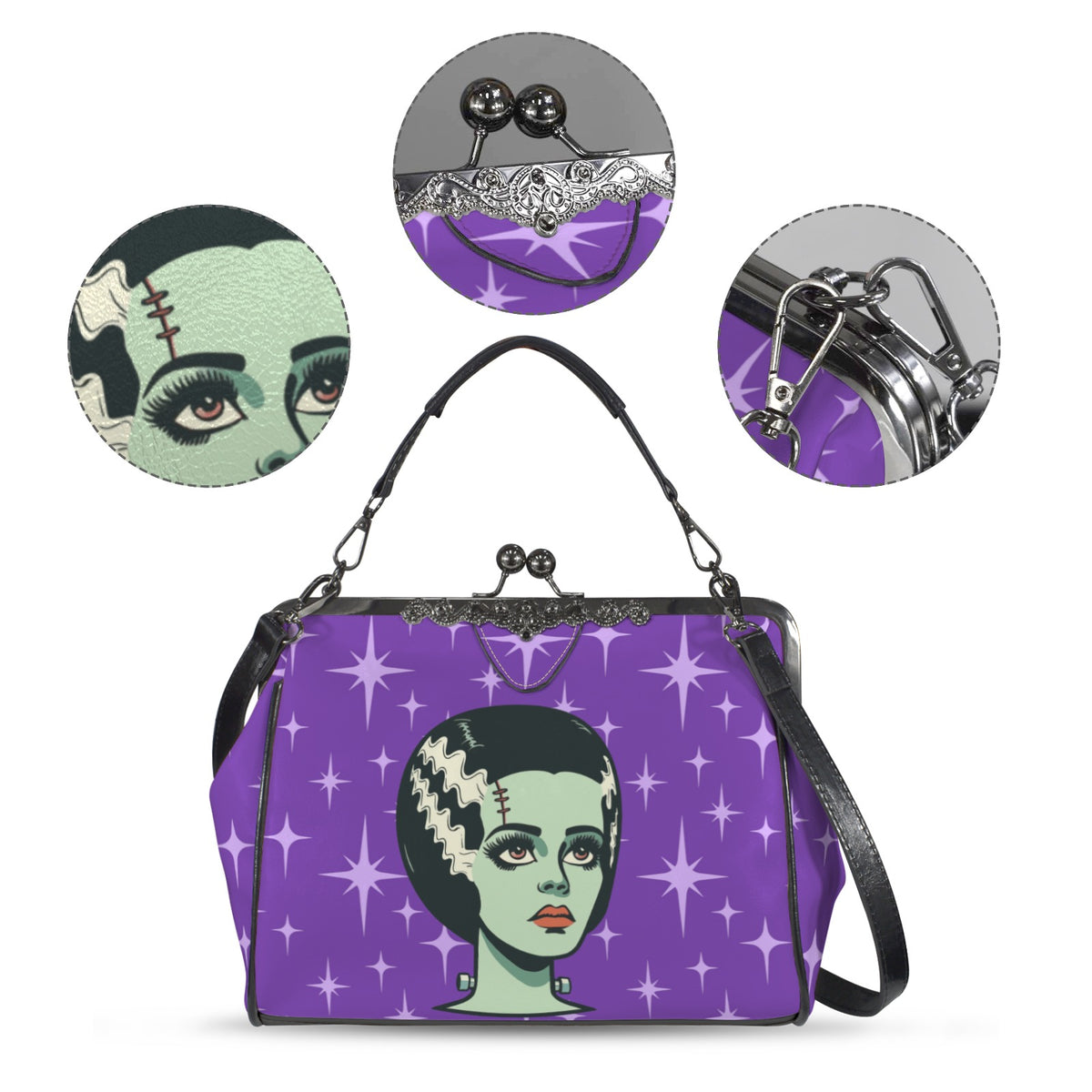 Bride of Frankenstein Retro Mid Mod Horror Buff Purple Halloween Kisslock Crossbody Purse - Mid Century Modern Gal