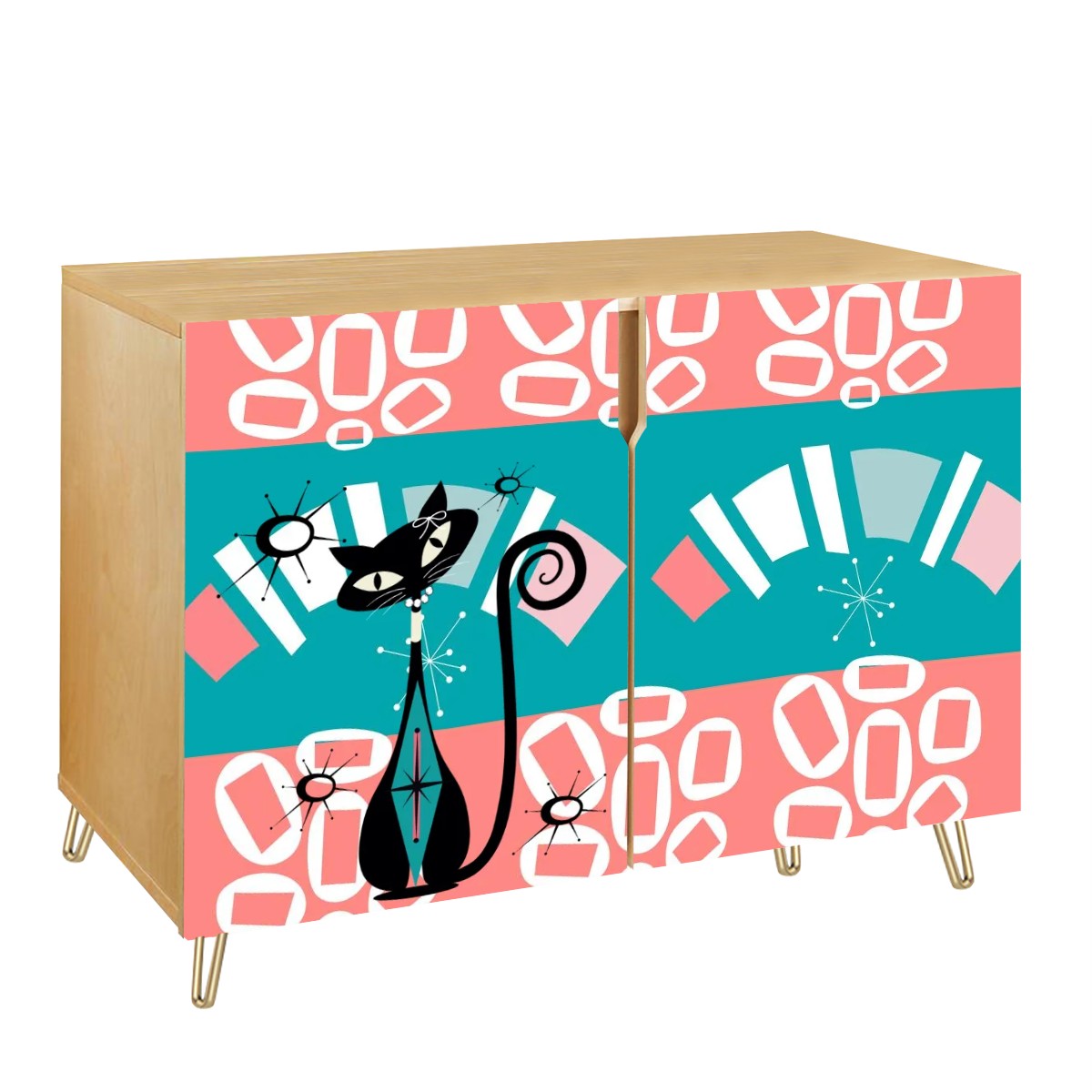 Mid Century Modern Side Board Credenza, Coral, Teal Atomic Age Wooden Storage Cabinet - Mid Century Modern Gal