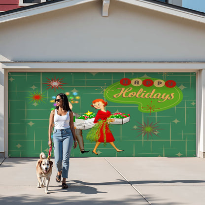 Mid Century Modern Happy Holidays Vintage Christmas Tree Garage Door Banner Backdrop - Mid Century Modern Gal