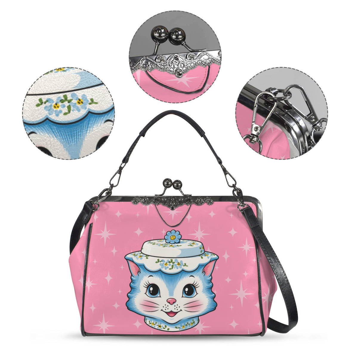 Mid Century Modern Kitschy Anthropomorphic Blue Cat with Floral Hat Kisslock Crossbody Purse