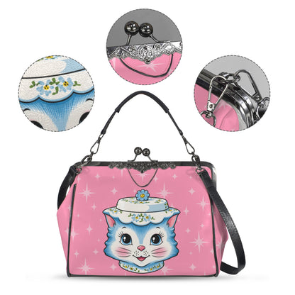 Mid Century Modern Kitschy Anthropomorphic Blue Cat with Floral Hat Kisslock Crossbody Purse